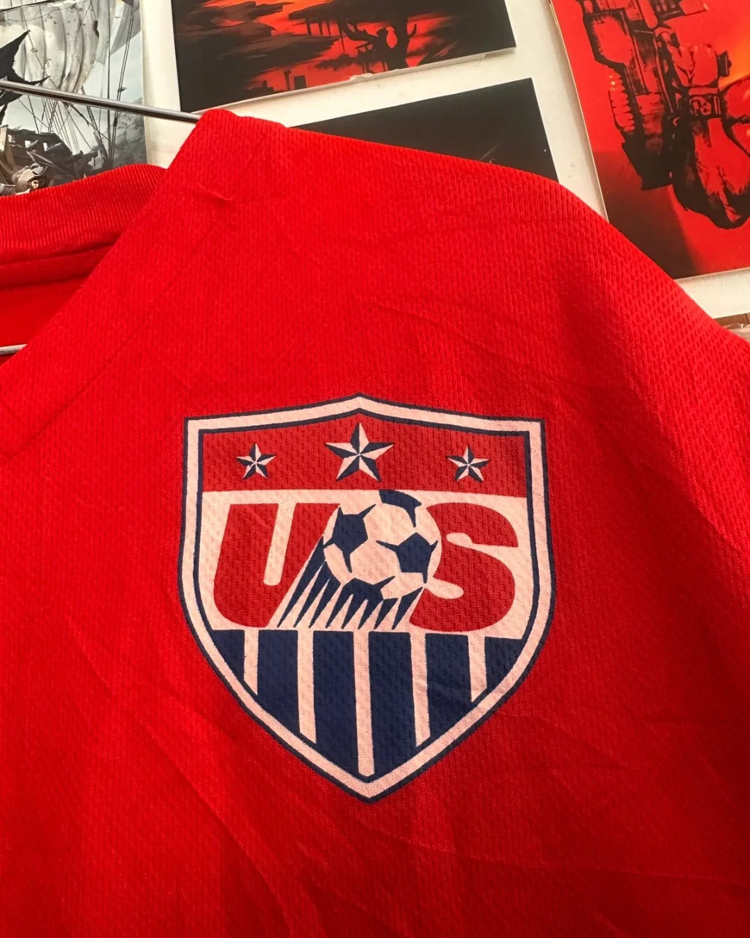 Closeup Junk Fits USA National Team Soccer Jersey with number 24 in red color, Size M, featuring the USA crest.