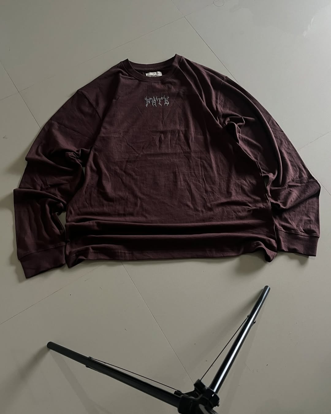 JunkFits FATE Long Sleeve T-Shirt Front View - Minimal burgundy shirt with clean design