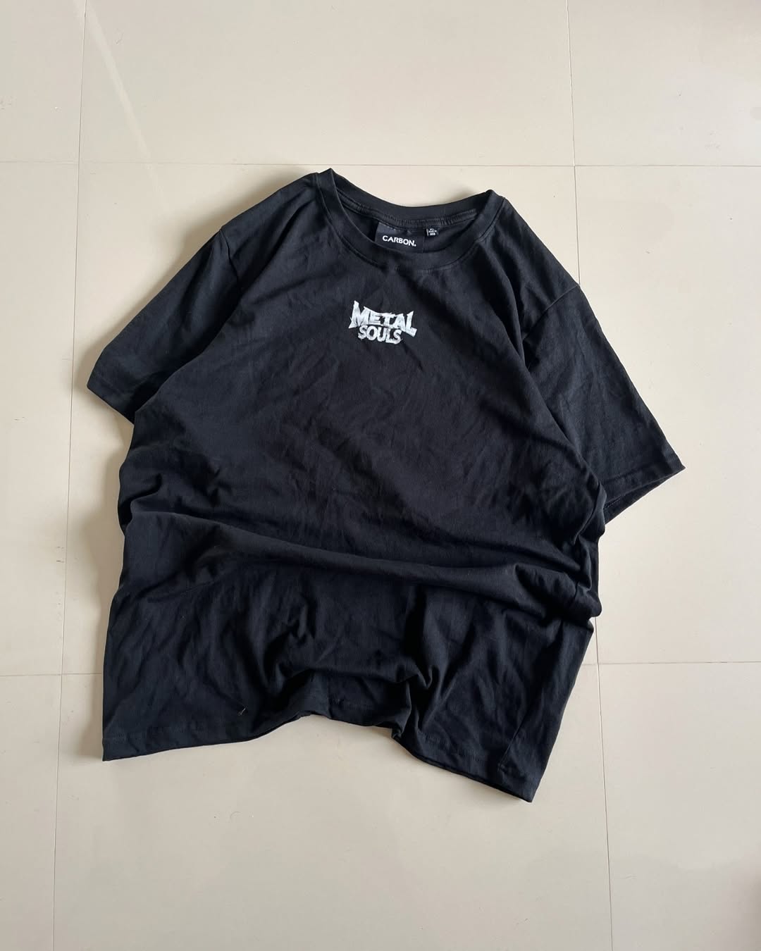 Oversized black t-shirt with red and white grim reaper artwork and Metal Souls lettering by Junk Fits