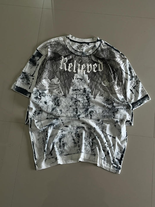 Horse brand oversized t-shirt with gothic "Relieved" text and black-wash grunge design

