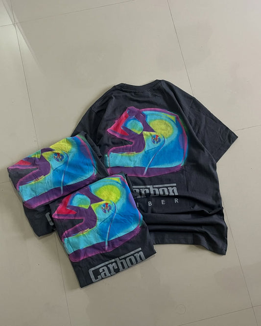 Black oversized t-shirt with colorful thermal helmet graphic and Carbon Fiber branding