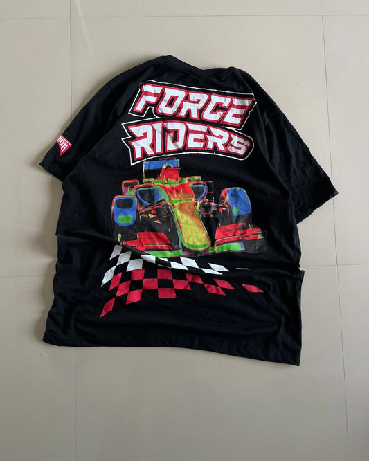 Back view of black oversized Force Riders tee featuring colorful Formula 1 car and checkered flag design by Junk Fits

