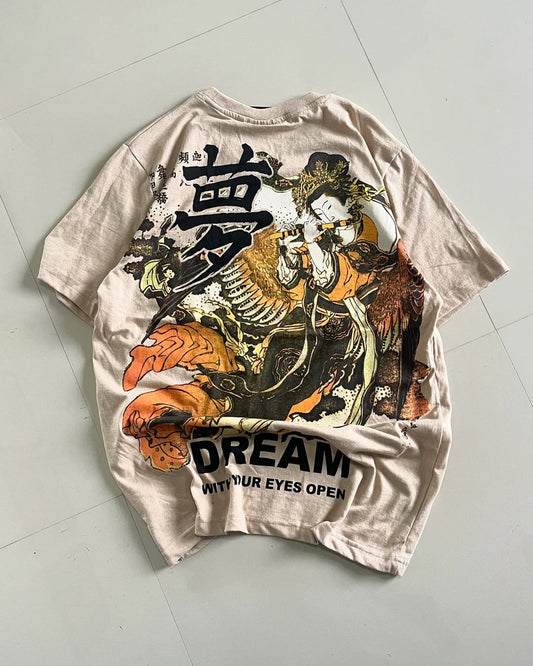 Back view of beige t-shirt with black “Dream” Kanji front print and detailed Japanese art on the back – Junk Fits

