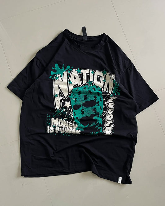 Black oversized graphic tee featuring a teal balaclava mask with dollar signs and bold “NATION” and “MONEY IS POWER” text

