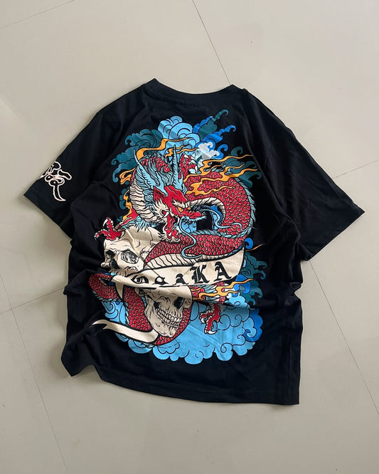 Black oversized t-shirt with red dragon and skulls graphic, Osaka banner – bold streetwear by Junk Fits

