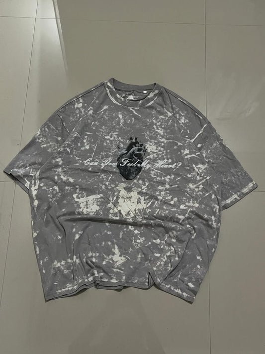 Horse oversized grey tee with static bleach effect and heart graphic featuring “Can You Feel My Heart?” text

