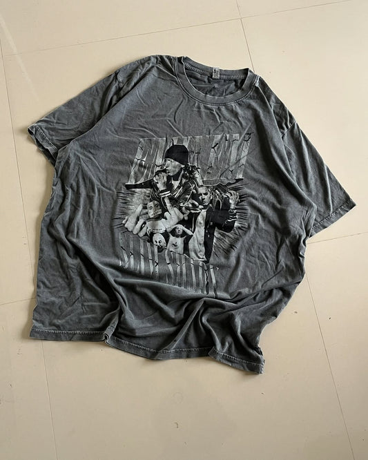Front view of Junk Fits Rap Collage Graphic Tee with grayscale hip-hop artist print

