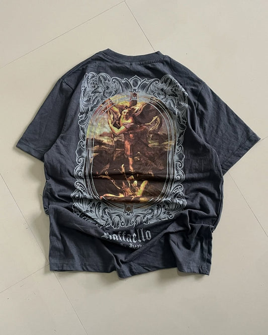Charcoal black t-shirt with detailed Renaissance painting and silver ornate frame print on back – Junk Fits

