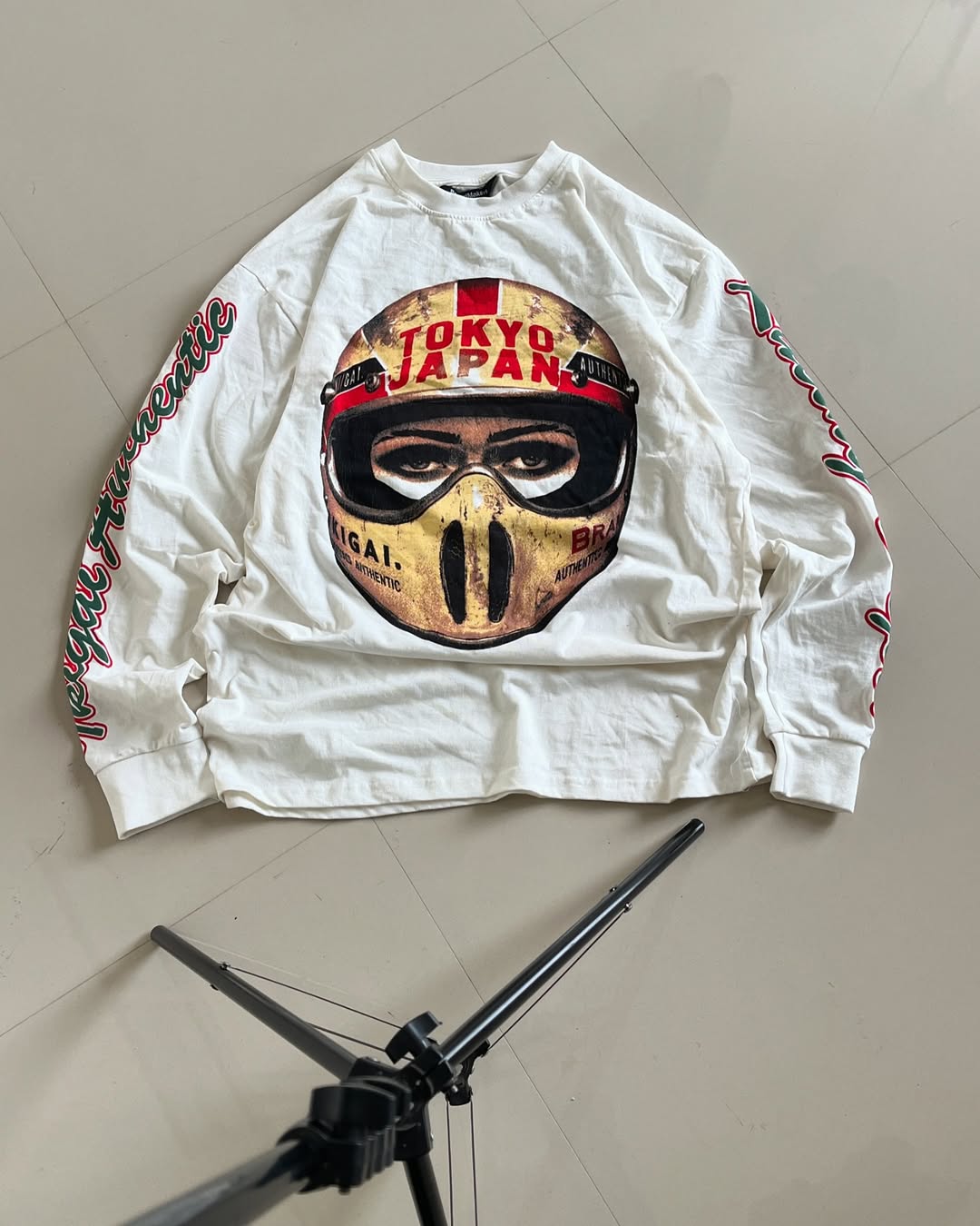 White full sleeves racing graphic tee with Tokyo, Ikigai, and international racing prints – Junk Fits


