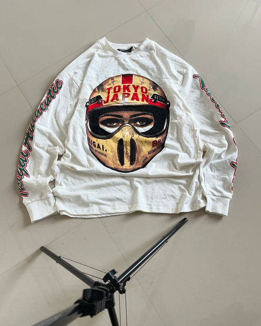 White full sleeves racing graphic tee with Tokyo, Ikigai, and international racing prints – Junk Fits


