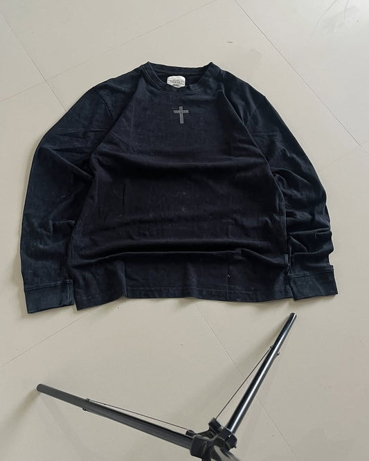 JunkFits Black Velvet Long Sleeve Front View - Minimal black velvet shirt with rhinestone cross on chest
