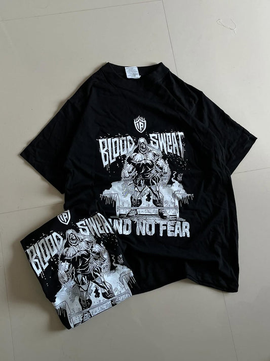JUNKFITS Blood Sweat and No Fear black T-shirt with hooded figure illustration and bold distressed text

