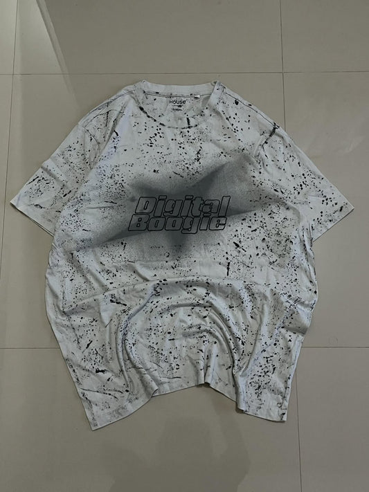 JUNKFITS Digital Boogie oversized white T-shirt with black paint splatter and bold chest logo

