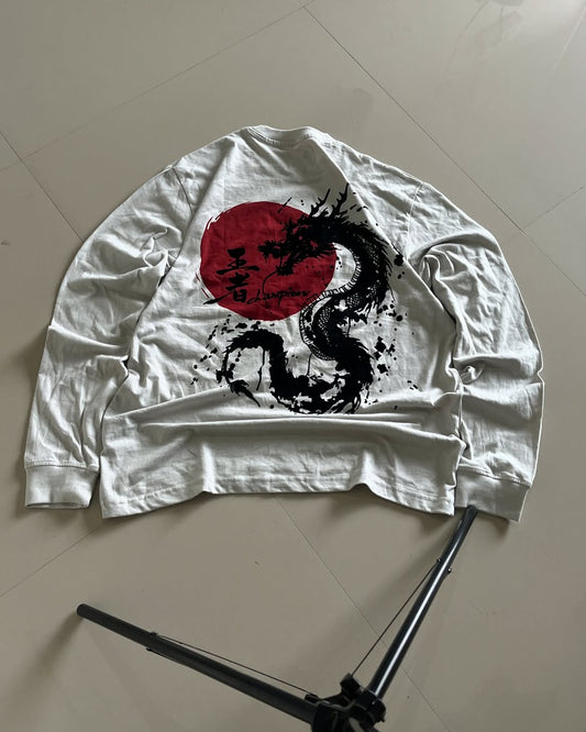 JunkFits Dragon Sun Long Sleeve T-Shirt Back View - White shirt with black dragon graphic over red sun and Japanese characters