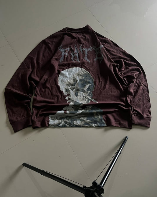 JunkFits FATE Long Sleeve T-Shirt Back View - Burgundy shirt with skull graphic and smoky "FATE" text