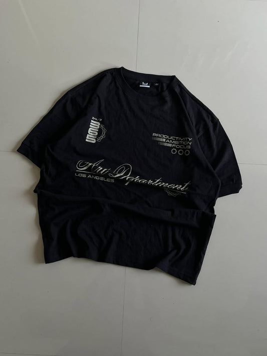 JUNKFITS oversized black graphic t-shirt with white motivational and LA-inspired prints.
