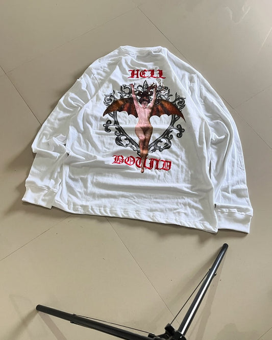 JunkFits Hell Bound Long Sleeve T-Shirt Back View - White shirt with red "HELL BOUND" text and demoness graphic