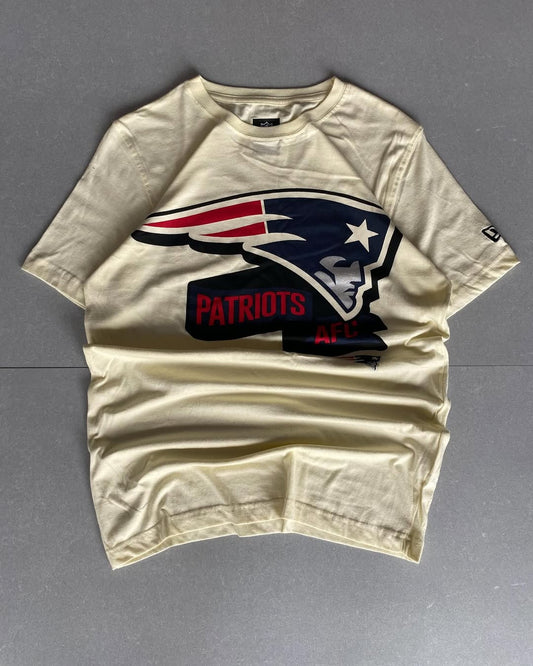 Front view of JunkFits cream t-shirt featuring Patriots AFC logo design