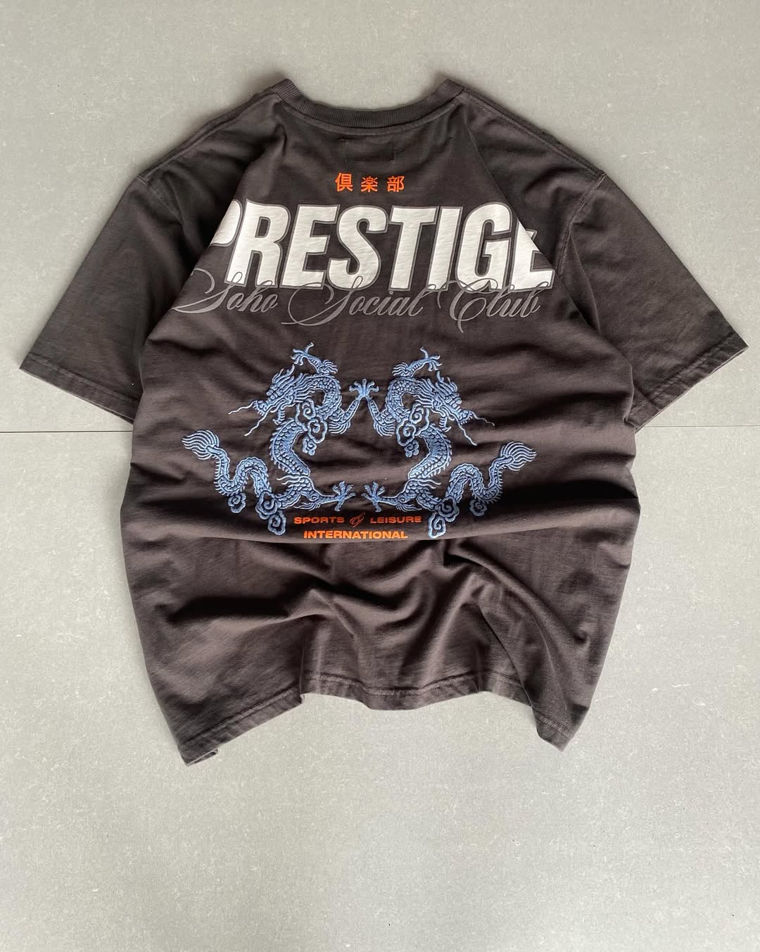 Junk Fits Prestige Dragon T-Shirt with Soho Social Club print and twin dragon embroidery

