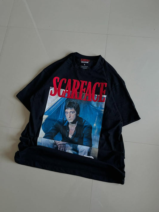 JUNKFITS Scarface Tony Montana graphic T-shirt in black with bold red lettering and movie image print