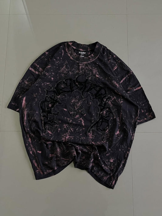Horse oversized bleach-style t-shirt with black gothic "Rockstar" text and grunge pattern


