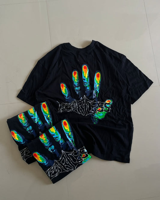 Front view of JunkFits Thermal Handprint Oversized T-Shirt
