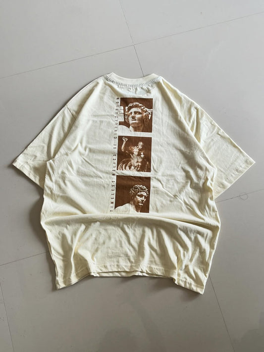 Back view of the JUNKFITS Timeless Relics Tee featuring classical sculpture graphics

