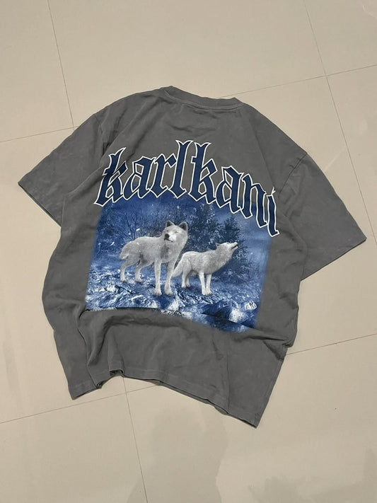 Back view of Karl Kani vintage grey T-shirt featuring bold wolf graphic and large gothic logo print

