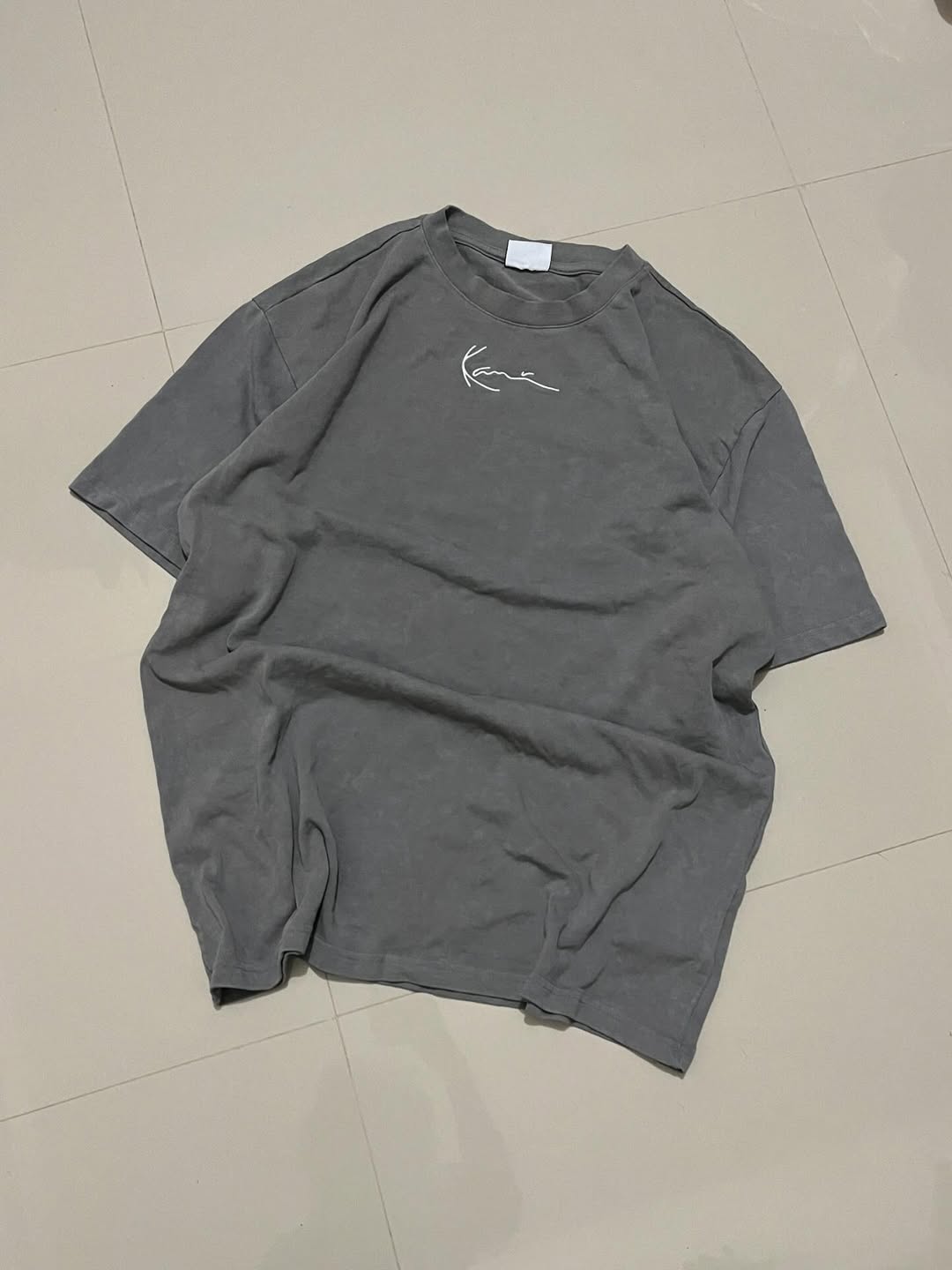 Front view of Karl Kani vintage grey T-shirt with minimal front design and relaxed streetwear fit

