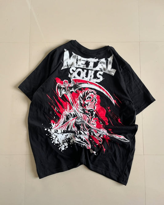 Backside of Junk Fits black oversized Metal Souls tee with red and white skeletal reaper and scythe graphic


