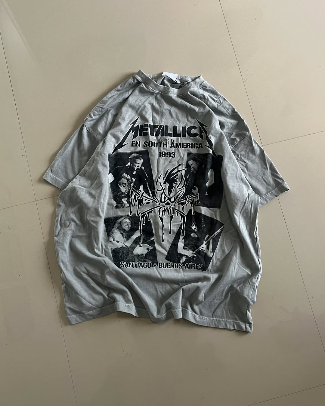 Grey version of Metallica 1993 tour t-shirt with band portraits

