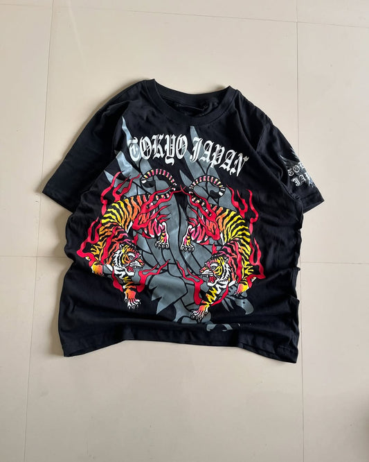 Black oversized Tokyo Japan tee with twin tiger graphic and flame design by Junk Fits

